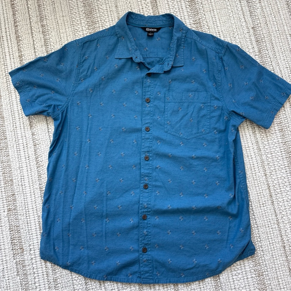 Sherpa Men’s  Tharu Short Sleeve Button Shirt- Lapis Endless Knot Blue- Large